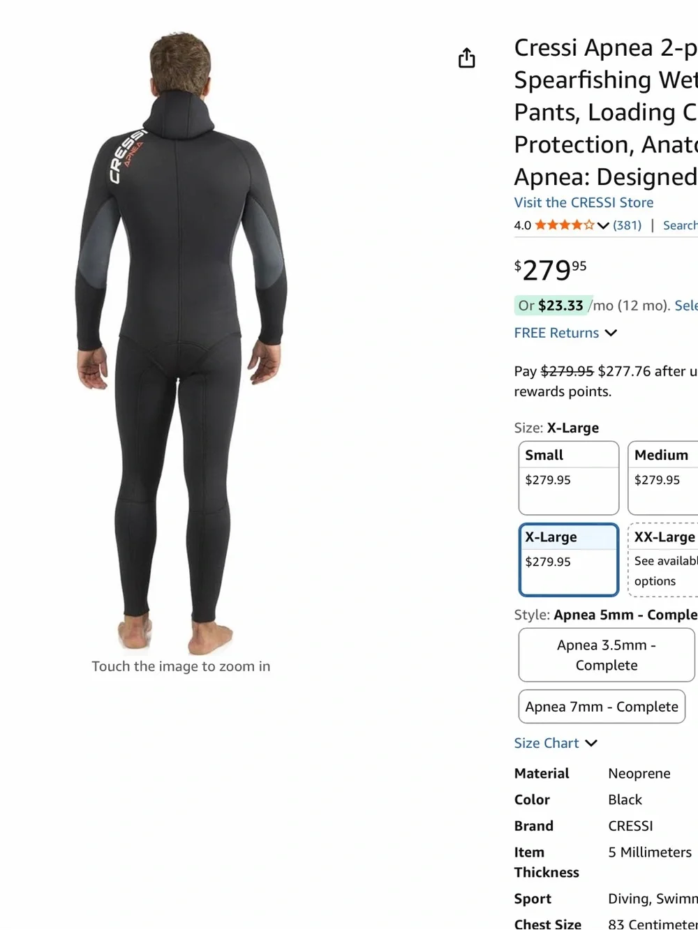 Cressi Unisex Black Hooded Apnea 2-Piece Freediving Wetsuit - Size XXL, 5mm